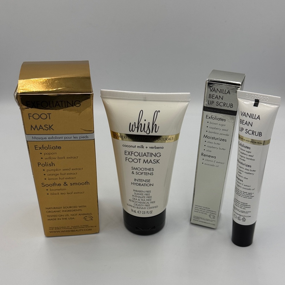 Whish Skincare Set Exfoliating Foot Mask and Vanilla Bean Lip Scrub